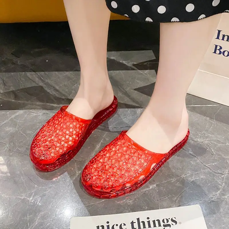 

Cheap Glitter Sandals Women Transparent Wedges Slippers Red White Crystal Jelly Slides Ladies Breathable Hollow Beach Shoes