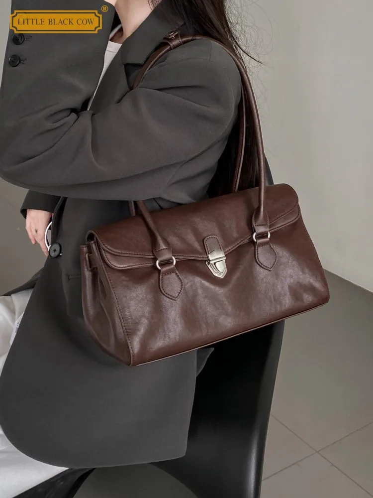 

Office Ladies Elegant Work Single Shoulder Bag Hasp Solid Color Genuine Leather Vintage Underarm Bag Casual Women Handbag Totes