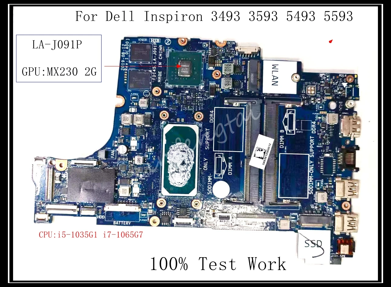 LA-J091P LA-J092P For DELL Inspiron 3593 3493 5493 5593 Laptop Motherboard DDR4 With i5 i7 10th Gen CPU MX230 GPU 100% Test Work
