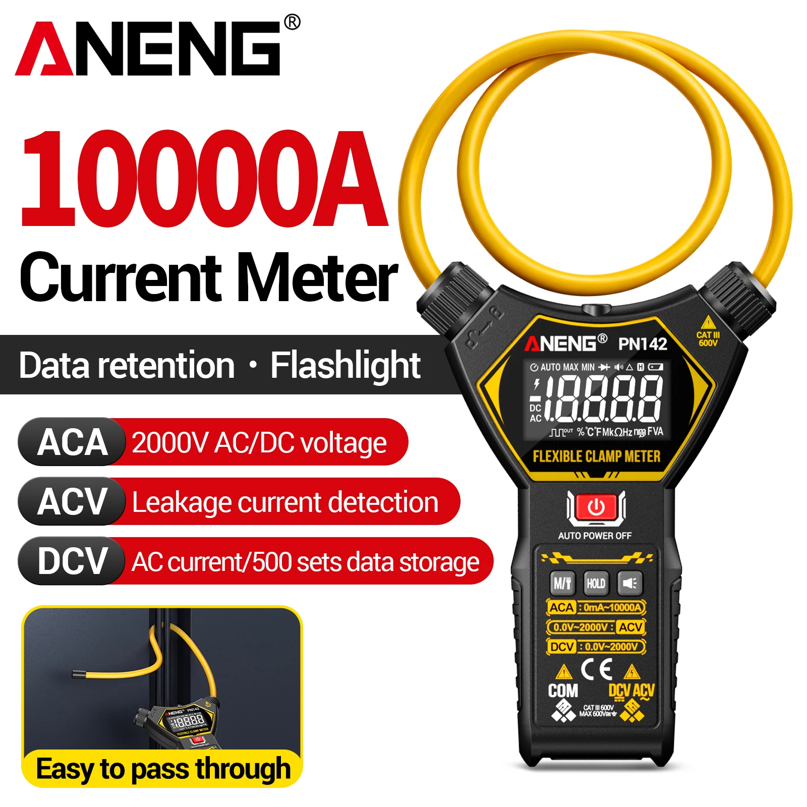 ANENG PN142 Flexible Coil Clamp Meter 10000A 2000V AC DC Leakage Tester Reverse Display 500 Groups Data Storage Flashlight Tool