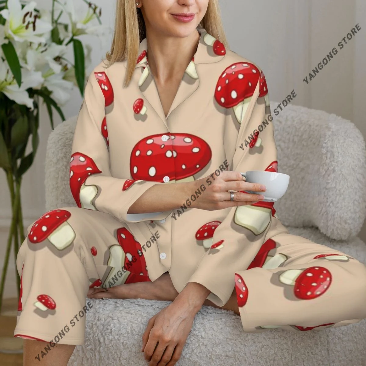 

Women Sleepwear Pajamas Woodland Spotted Toadstool Season Forest Mushroom Long Sleeve Pijama Female Set Negligee Cardigan Suit