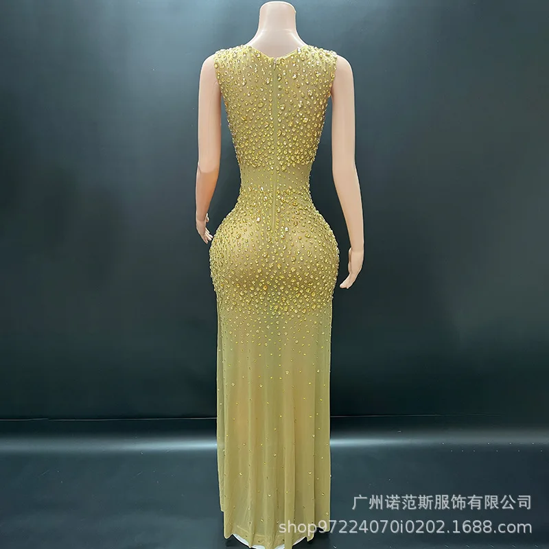 Robe Sexy à bretelles avec strass dorés, jupe de plage, vent, société, réunion annuelle, haut de gamme, robes de bal de luxe pour femmes