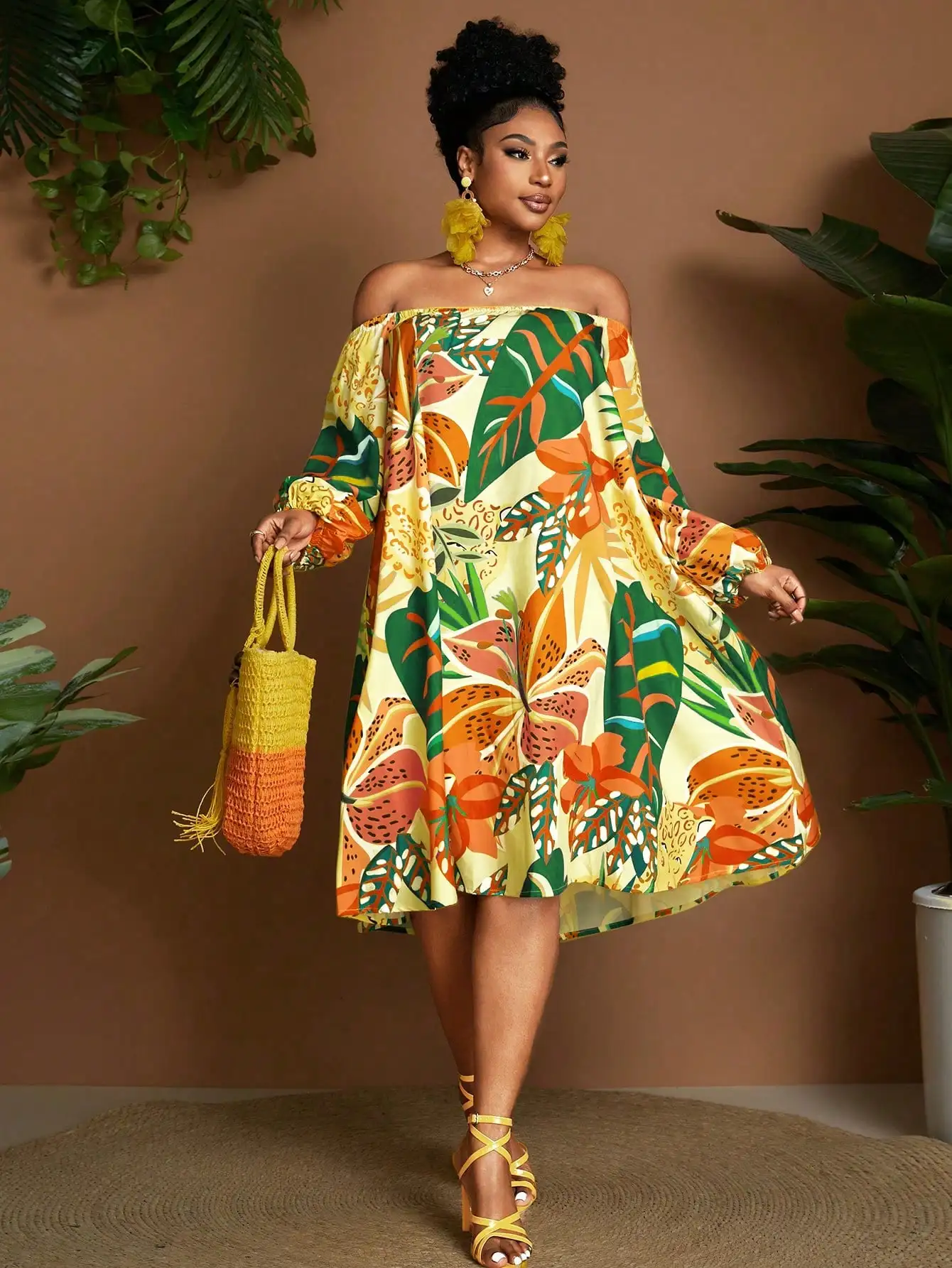 

Off Shoulder Tropical Print Casual Vacation Dress For Women