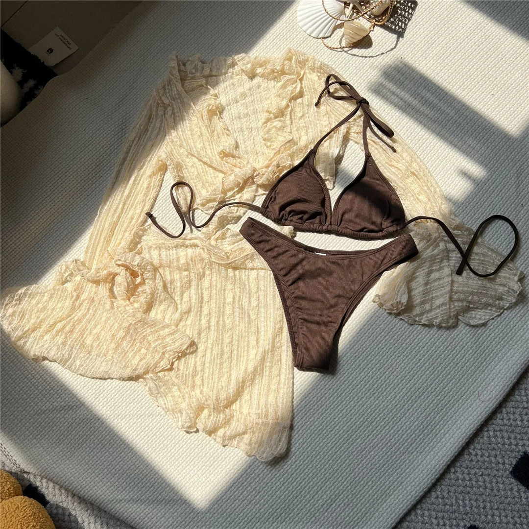 10 Farben, mit Sarong, langärmeliges Bikini-Oberteil, Damen-Badebekleidung, Damen-Badeanzug, vierteiliges Bikini-Set, Badeanzug, Badebekleidung, Modell V6338E. – Detail 35