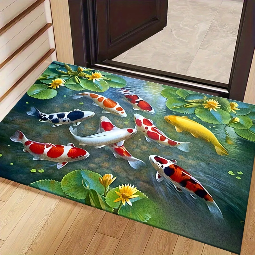 Vibrant Koi Pond Fish Rug Mat Nature Aquatic Design Home Decor Runner Carpet for Bathroom Kitchen Floor Accent Gift Ideas