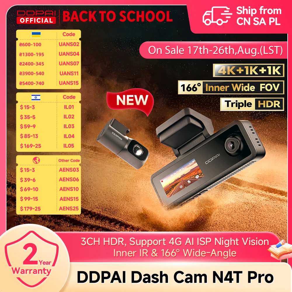 Dashcam DDPAI N4T Pro 3 Câmeras 4K HDR