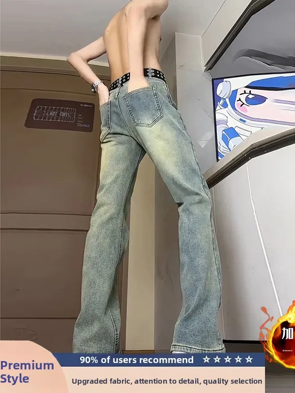 

Retro American Flared Jeans Men's Autumn Winter Fleece Lined Straight Leg Teenage Youth Knife Long Pants Warmth