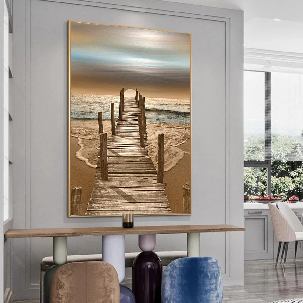 

Wooden Bridge Hall Sofa Connecting The Sea Canvas Painting Background Posters and Prints Wall Picture for Living Room Home Decor