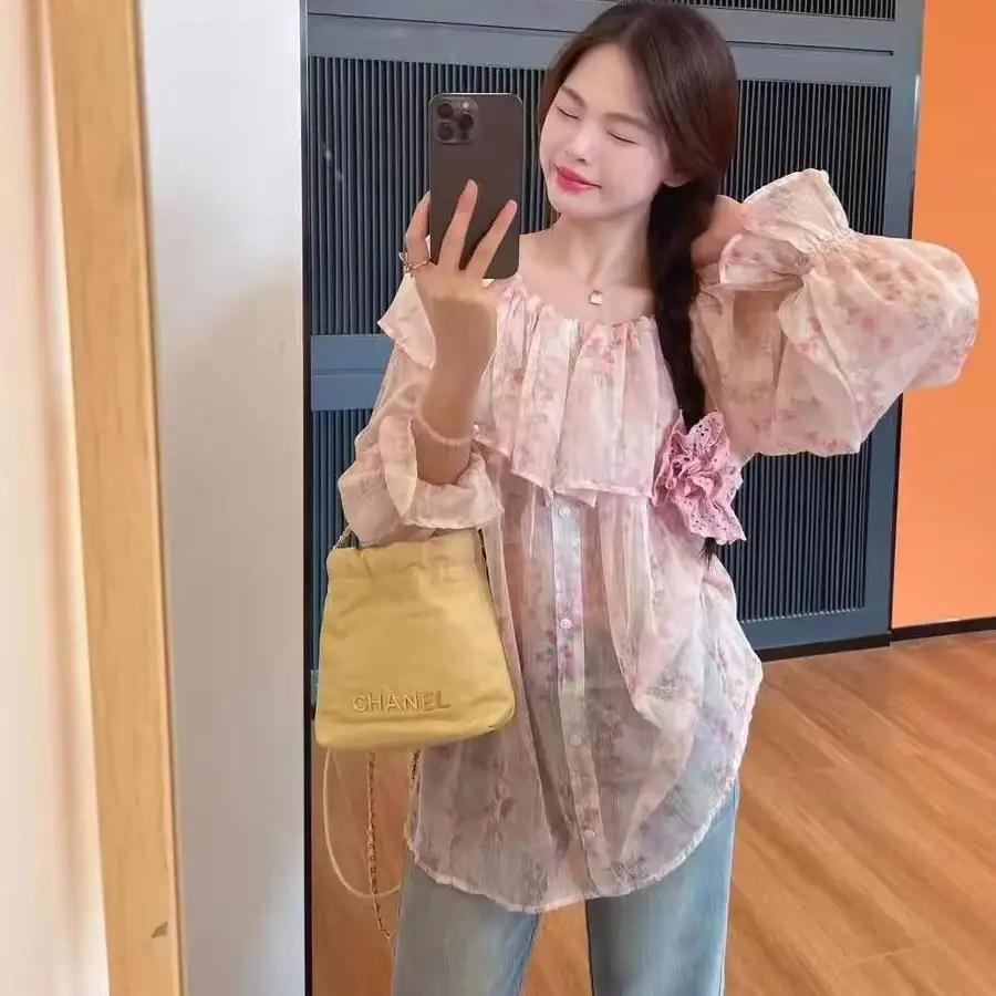 

plus Size Spring Summer Thin Sweet Floral Lace Sleeve One Shoulder Long Shirt for plus Size Women Korean Style Loose Fit