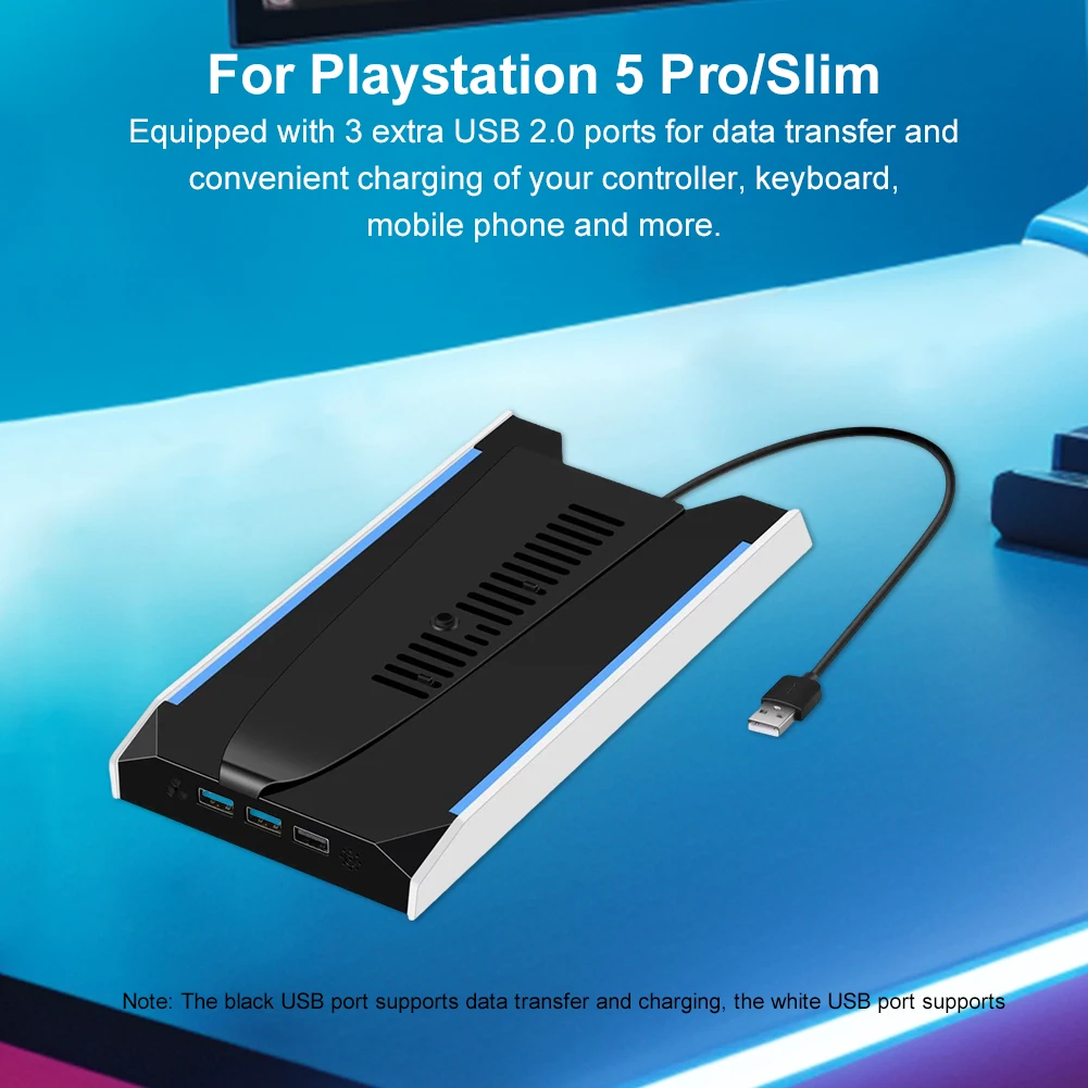 حامل قاعدة PS 5 Slim/PS 5 Pro RGB مع 3 منافذ USB 2.0 حامل عمودي 8 وضع إضاءة مع ملحقات ألعاب مروحة تبريد 3 سرعات #1