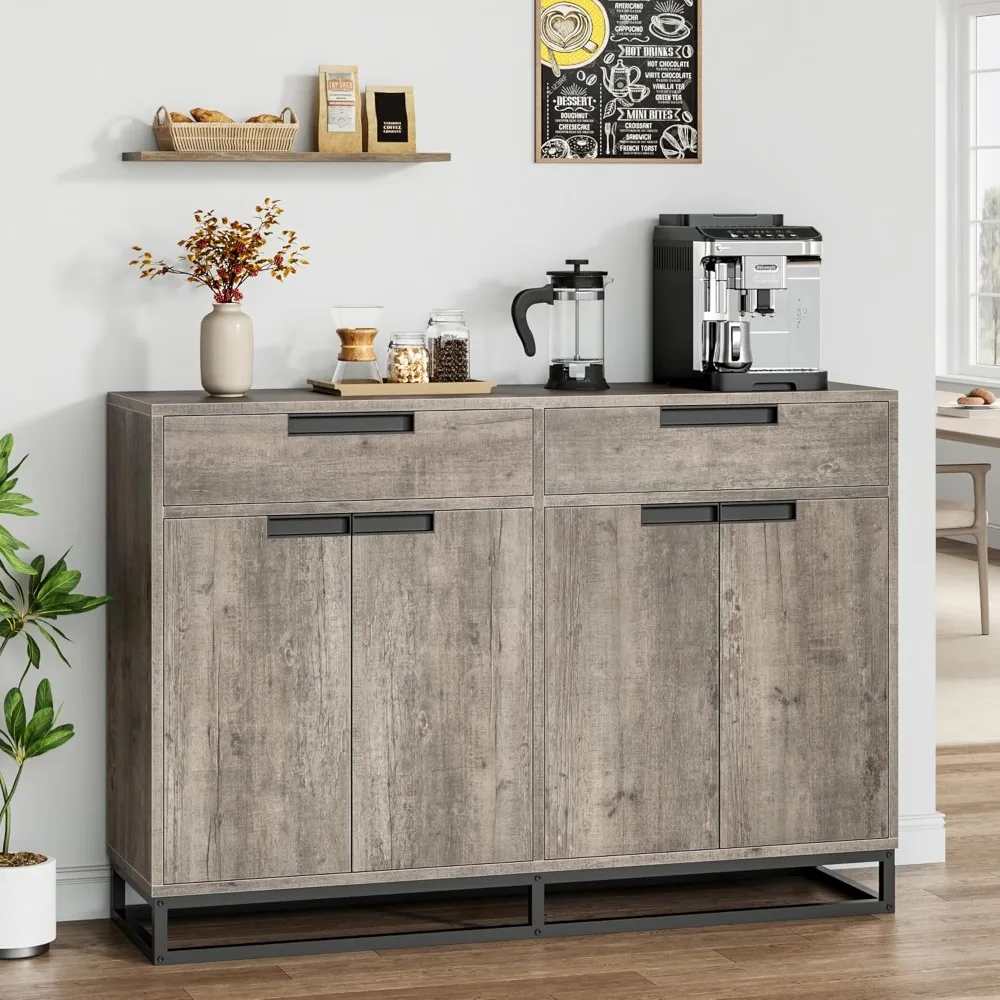 

55" Sideboard Buffet Cabinet, Large Accent Modern Storage Cabinet with Metal Frame Base 2 Drawers and 4 Doors, Coffee Bar Table