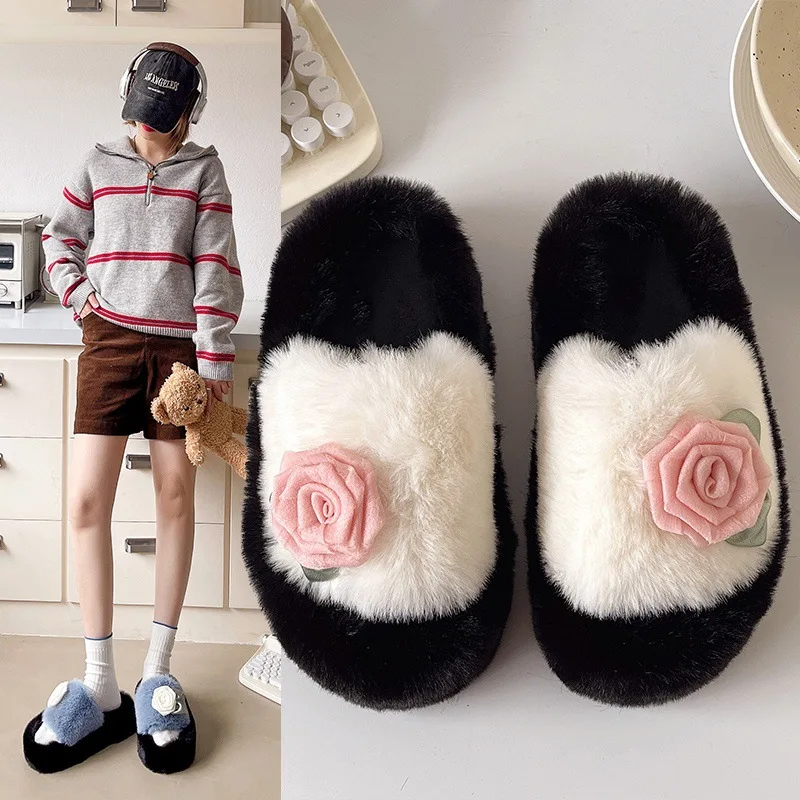 

2024 Winter New Cute Flower Plush Slippers Women Wear Fashion Thick Bottom Non-slip Cartoon Internet Celebrity Cotton Slippers