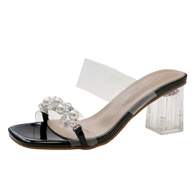 

Pearl Transparent Word Belt Mid-Heel Sandals Women Summer New All-Match Empty Open-Toed Slippers