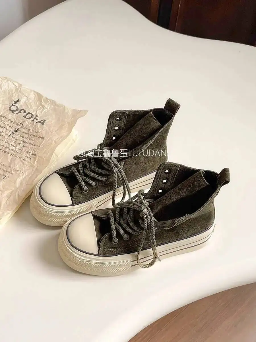 2025 New Women's Thick Platform Canvas Shoes Niche Retro High-Top Shoes Spring Autumn Versatile Casual Sneakers Canvas Shoes