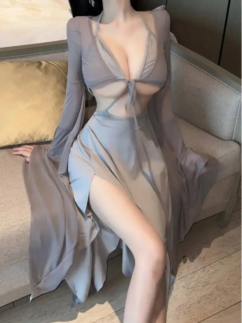 WOMENGAGA vestido de hada gris bata vendaje cuello en V Sexy chica picante Beach Resort vestido largo elegante Auutmn moda mujer Tops Z8QN