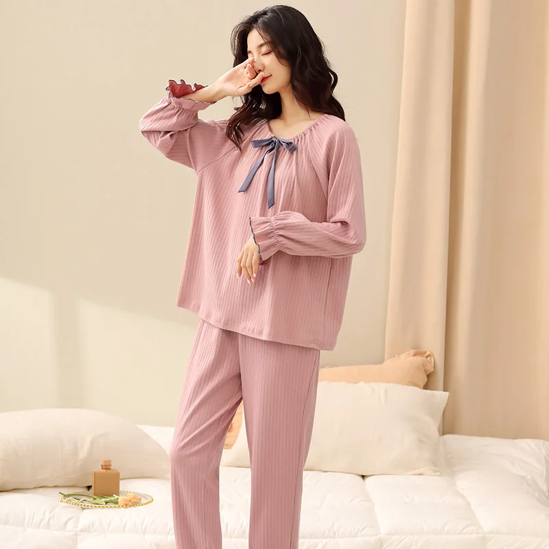 Weiche Baumwolle Pyjamas Langarm Bogen Oansatz Pijamas Mujer Femme Lose Nachtwäsche Anzug Weibliche Casual Homewear Pyjama Set Für Frauen