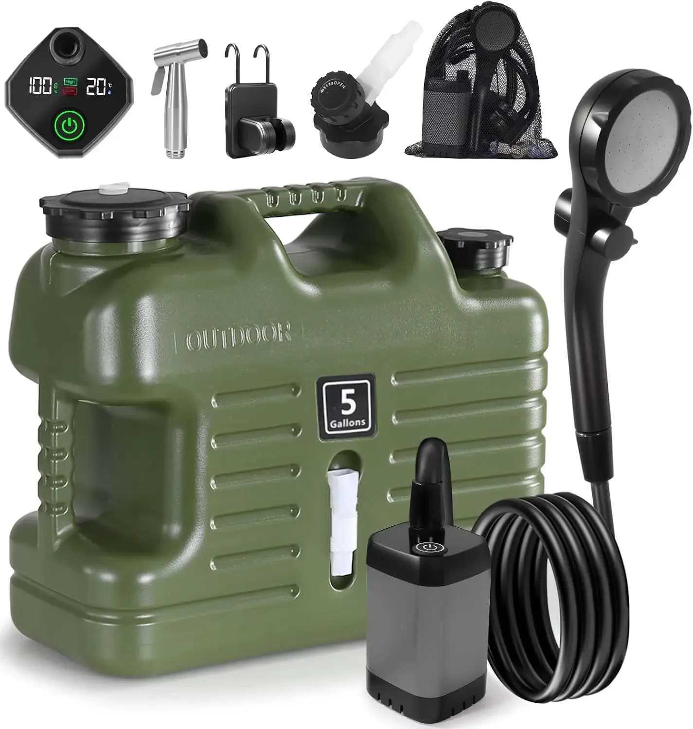 

Portable Camping Shower with 5 Gallon Water Jug, 6000mAh Rechargeable Outdoor Camping Shower Kit, IPX7 Waterproof Pump BPA Free