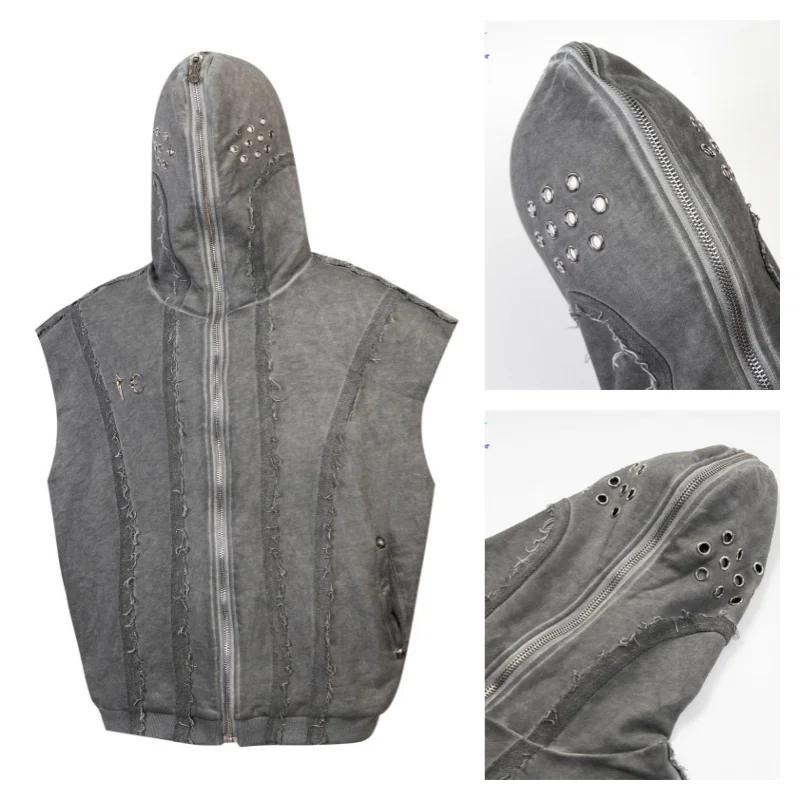 THUG CLUB High Street Tie-dye Washed Hooded Vest Mask Vintage Trendy Casual Mens Womens Zip Vest With Tags