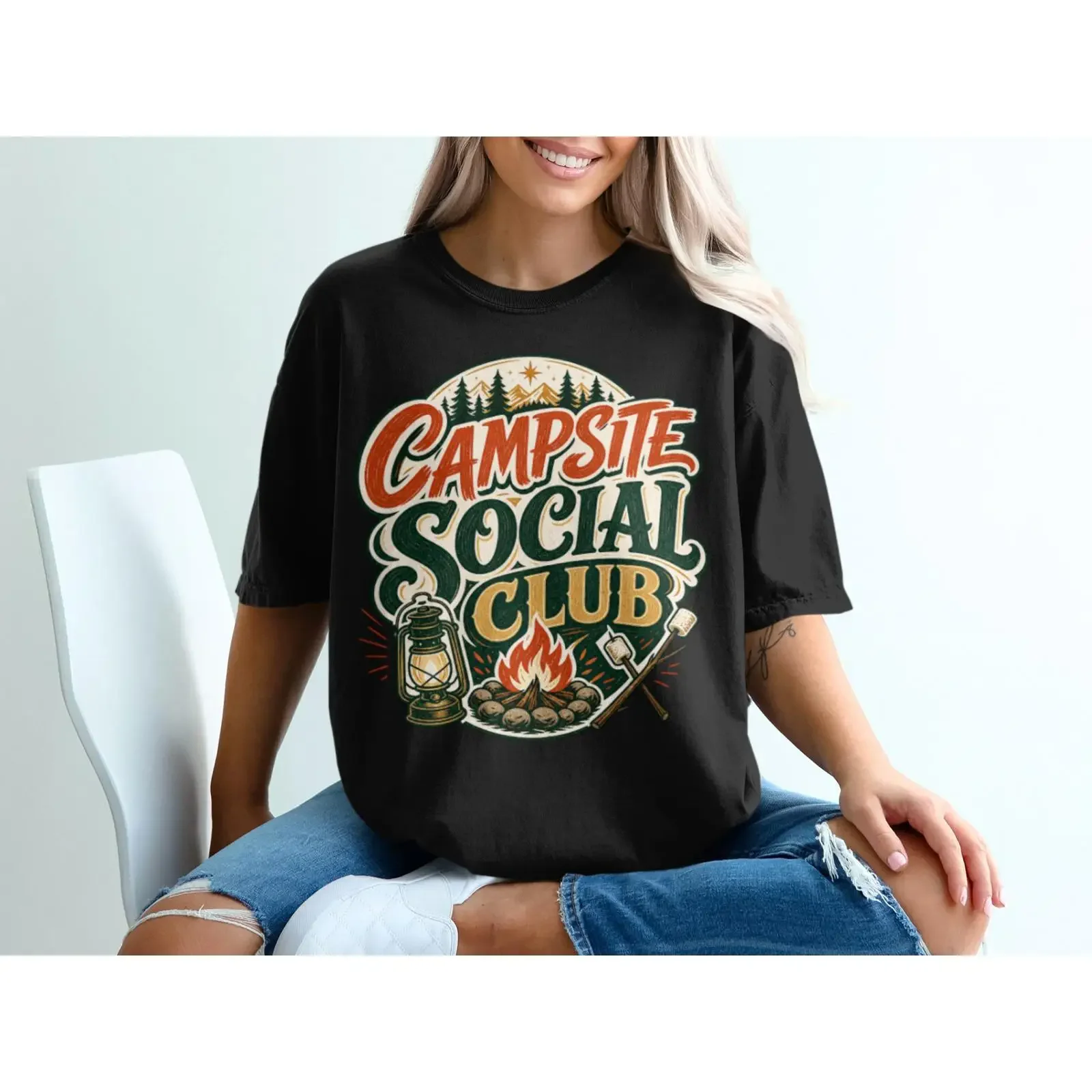 Campsite Social Club T Shirt Vintage Camping Outdoor Lover Retro Campfire Marshmallow S'mores  vintage Washed