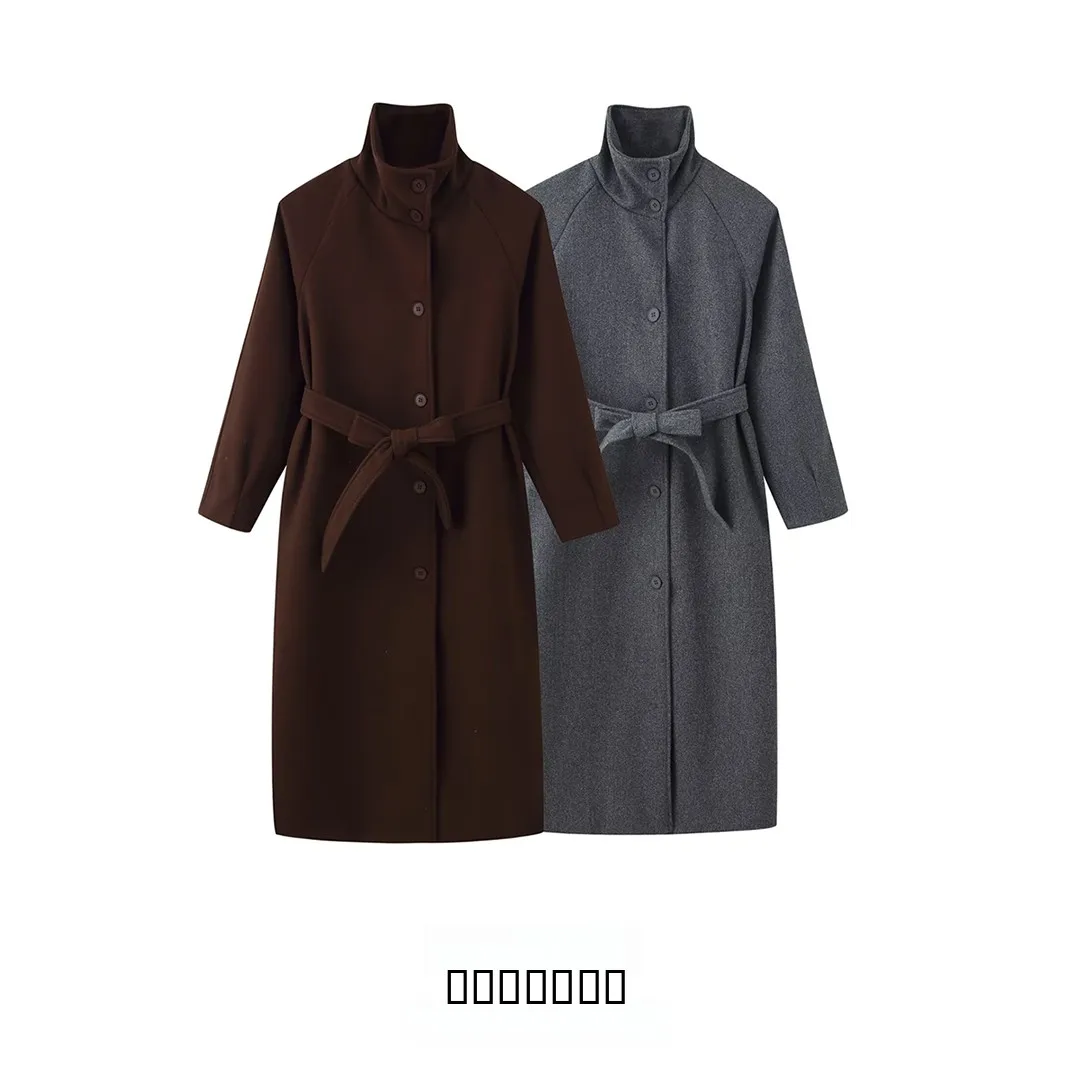 

KASLEAD новое моющееся длинное шерстяное пальто для женщин с воротником-стойкой и поясом, верхняя одежда из полиэфирного волокна 00%