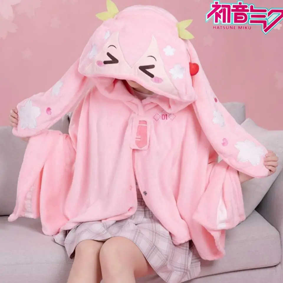 

165x90cm 2023 New Anime Hatsune Miku Kawaii Figure Flannel Hooded Blanket Keep Warm Shawl Pillow Model Girls Christmas Gifts