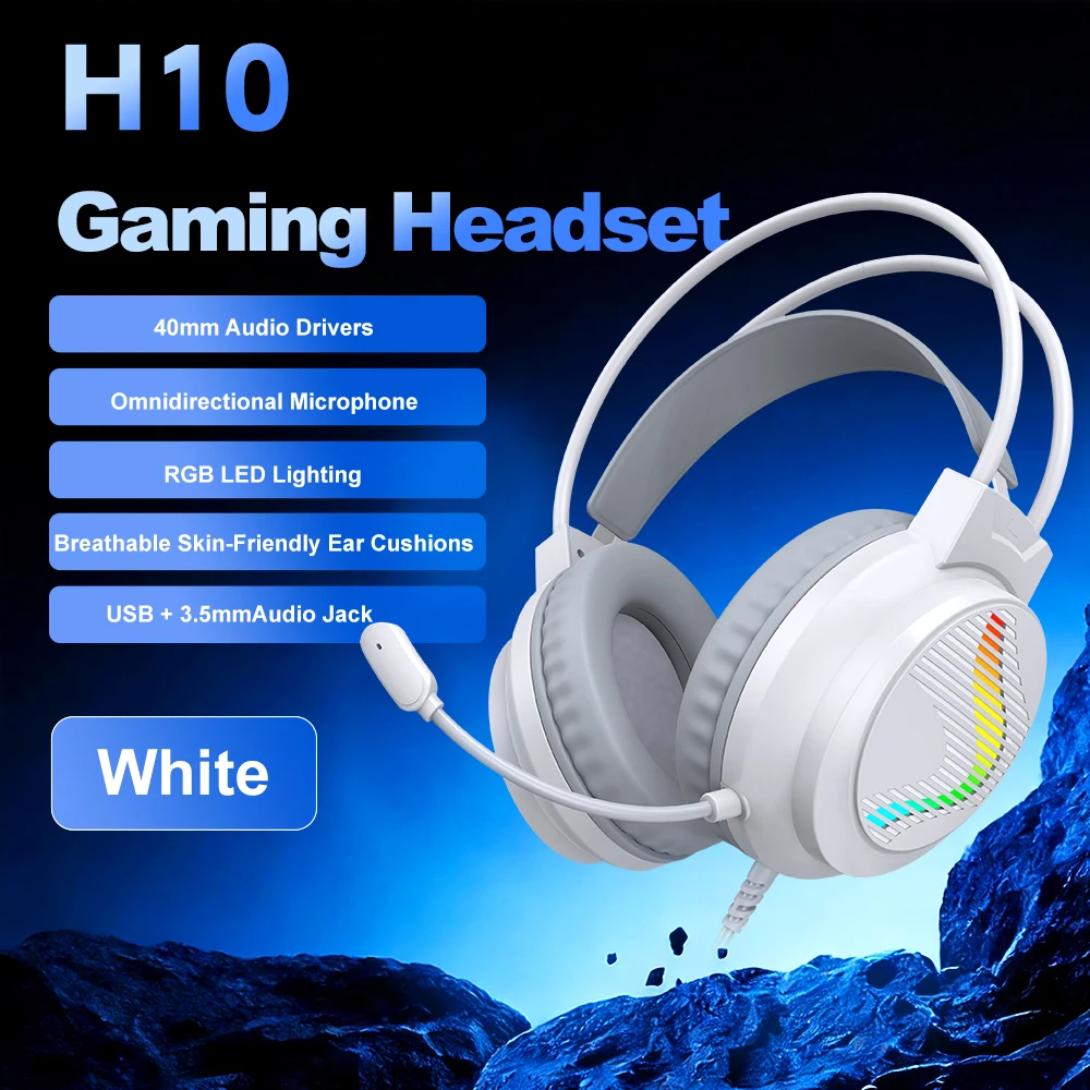 H10 Wired Gaming Headset Over-Ear Headphones with Mic 50mm Driver 3.5mm USB Noise Isolating for PC Laptop