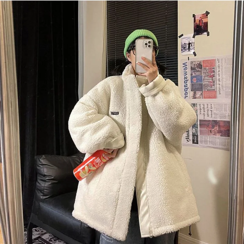 White PU Leather Lamb Wool Jacket for Women Korean Winter Thickened Double Layered Padded Harajuku Hong Kong Vintage Top