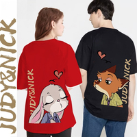 Disney 2025 Couple Wear Judy Rabbit Fox Nick Kiss Short Sleeve Men's and Women's Loose Trend T-Shirt Boys and Girls Casual Top