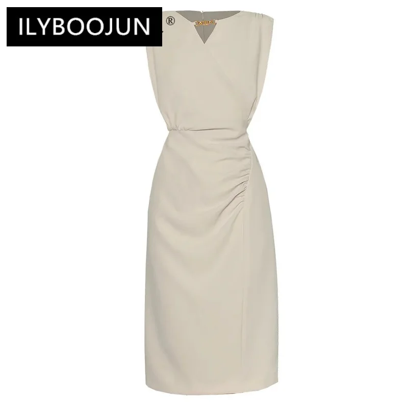 

ILYBOOJUN Summmer Fashion Runway Women Dress V Neck Ruched Design Solid Color Di gnfied Elegant Sleeveless Tank Midi Dress