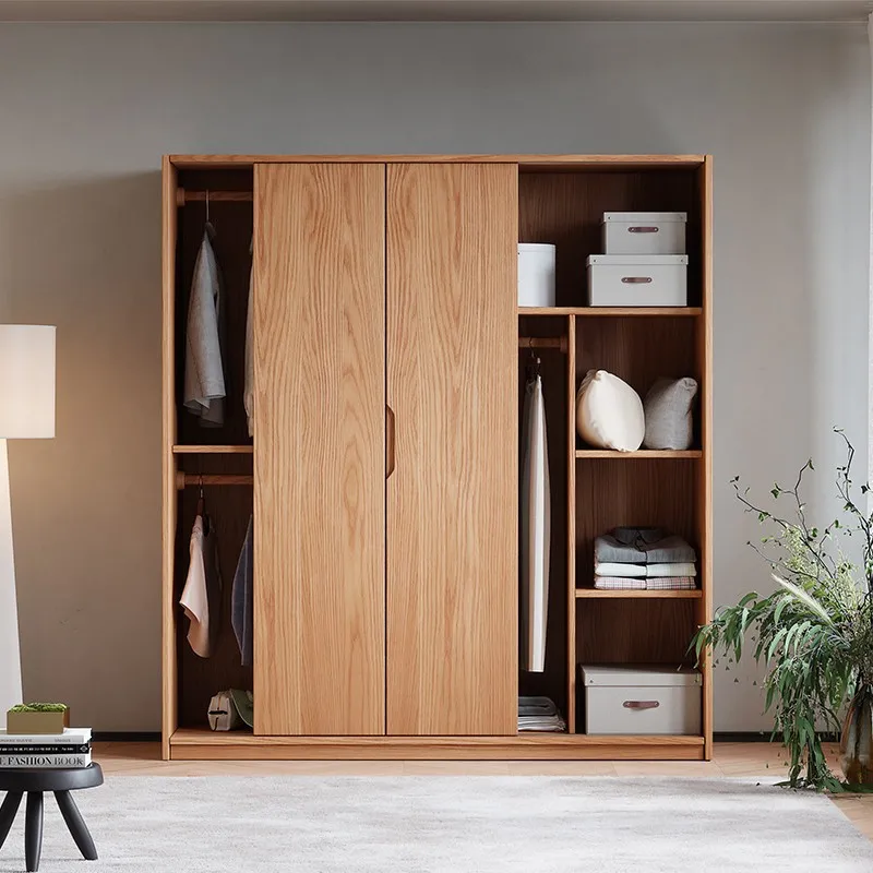

Solid wood oak sliding door wardrobe household bedroom door small apartment explosion beautiful