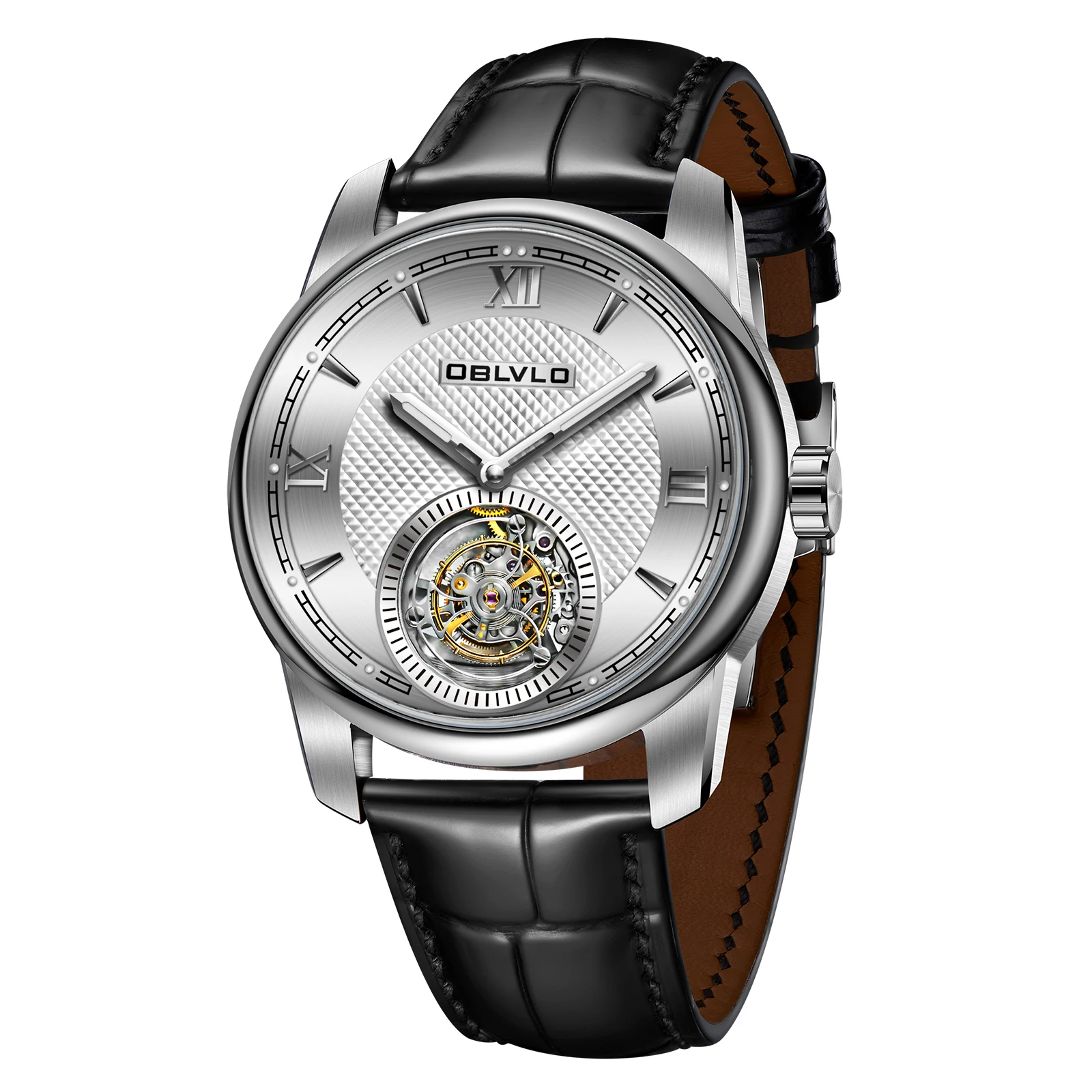 OBLVLO Orologi automatici da uomo Orologio Tourbillon da 42 mm Orologio da polso meccanico di lusso Chiusura a farfalla con scheletro in zaffiro impermeabile