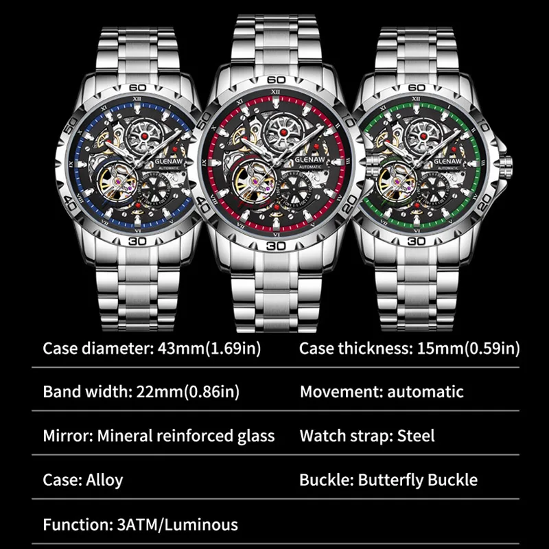 GLENAW Steampunk Skeleton Men's Watch Ring Luxury Automatic Mechanical Watches Luminous waterproof Stainless Steel Strap Watch