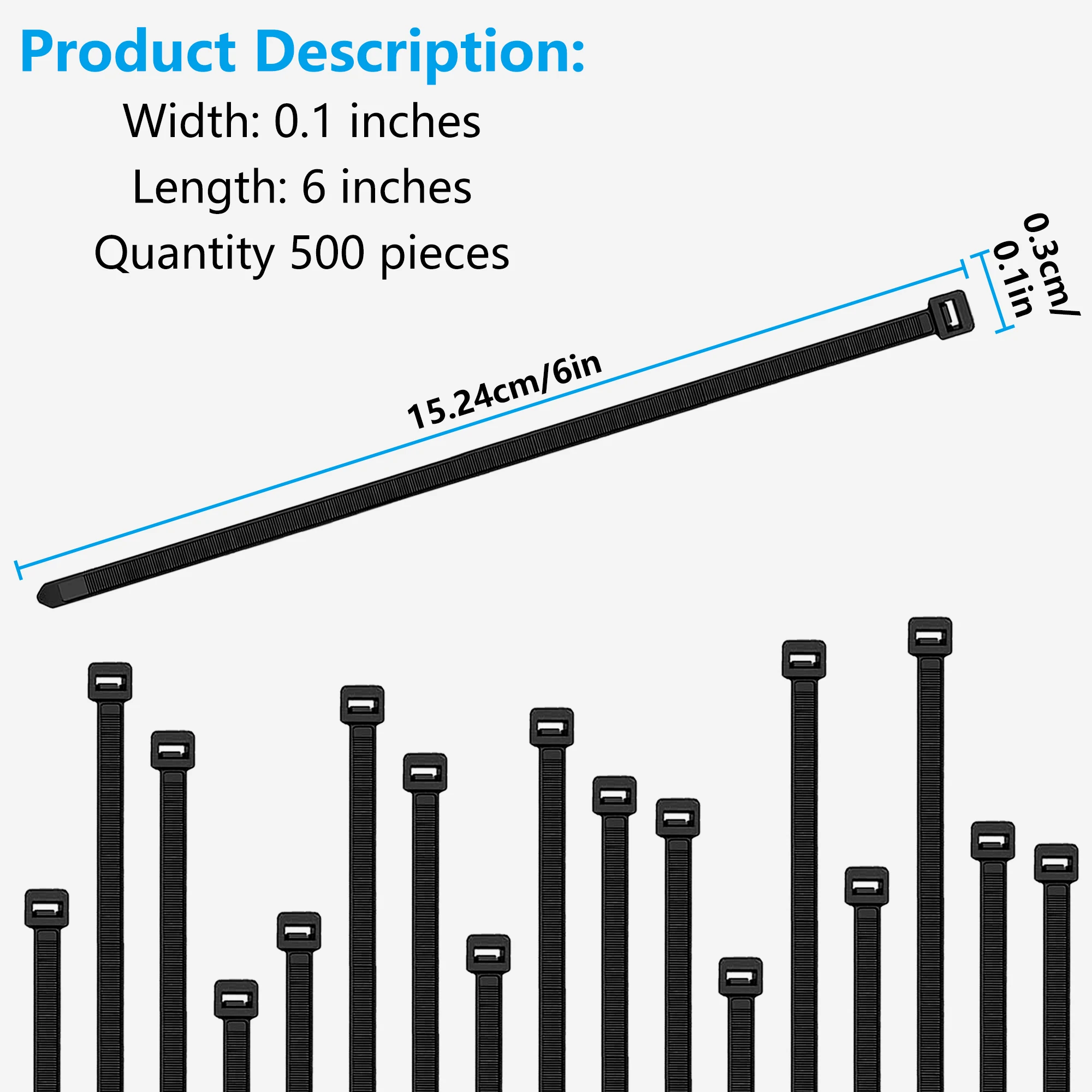 ربطات كابلات نايلون شديدة التحمل، 6 بوصة، قوة الشد 20 رطلاً، عبوة مكونة من 500 قطعة، ربطات كابلات من النايلون، عرض 0.1 بوصة/2.5 مم، أسود.