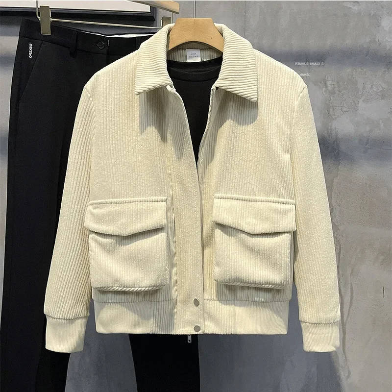 Autumn Clothing Men\'s Corduroy Korean Jacket Fashion Casual Lapel Zipper Pocket Streetwear Luxury Coats 2024 New Leisure Clothes