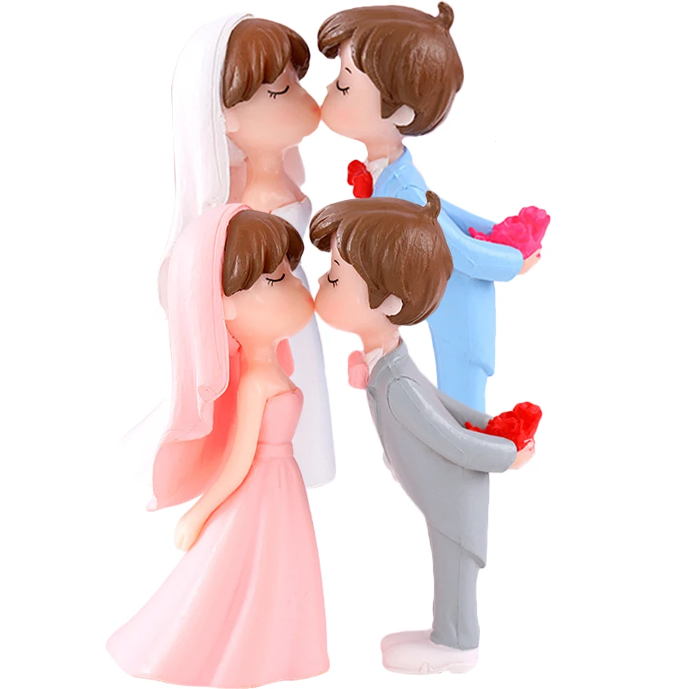 

2 Pairs Pink Grey Couple Figurines Wedding Garden Statues Bride Groom Home Decoration Valentine Gift Mini Landscape