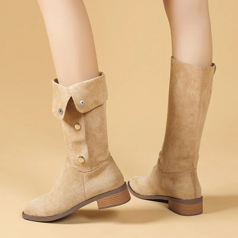 New Women Calf Boots Spring Autumn Fashion Square Heel Snap Folding Western Cowboy Boots Soft Khaki Faux Suede Thin Riding Boots