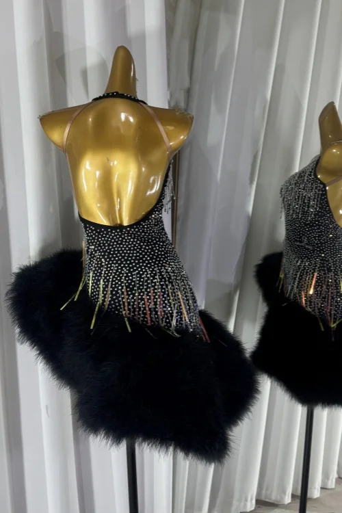 Robe noire à franges pour danse latine, Costume de compétition Sexy, vêtements d'entraînement, jupe courte, Costume de soirée pour adultes, personnalisé