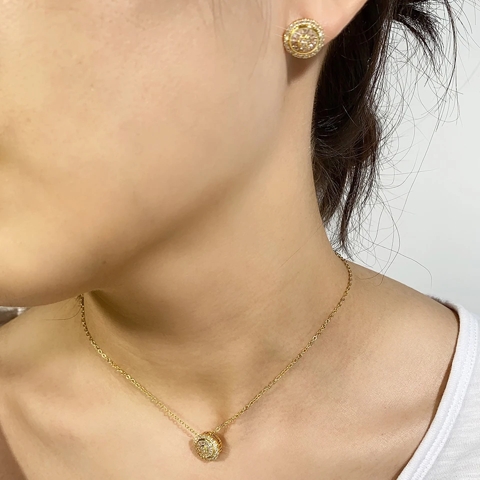 Women's Korean Circular Micropaved Zircon Necklace Earrings Set