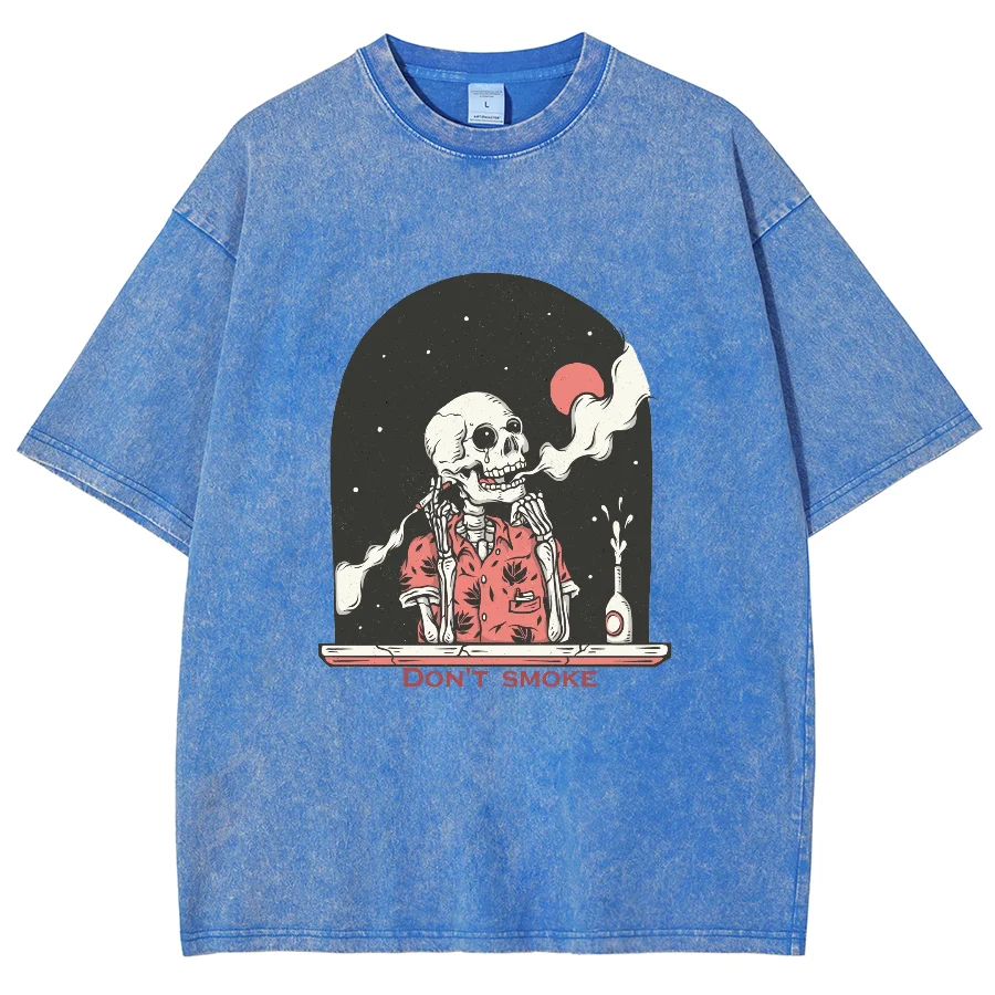 Amerikaanse Vintage Skull Print T-Shirt Unisex Mannen & Vrouwen Mode Oversized Losse Wash Korte Mouw Fashion Design Ronde Hals Top