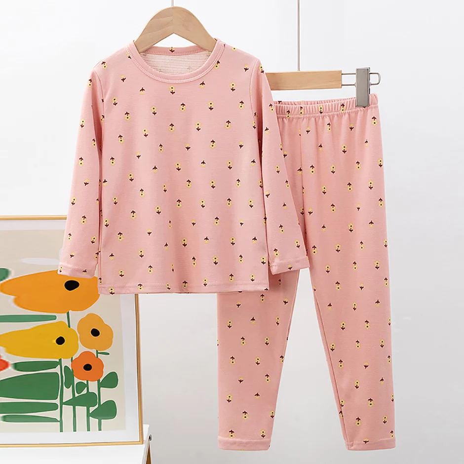 2-piece Autumn And Winter Children's Cute Cartoon Warm Suit Boys And Girls Round Neck Long Sleeved Pants Home Set Base Sleepwear