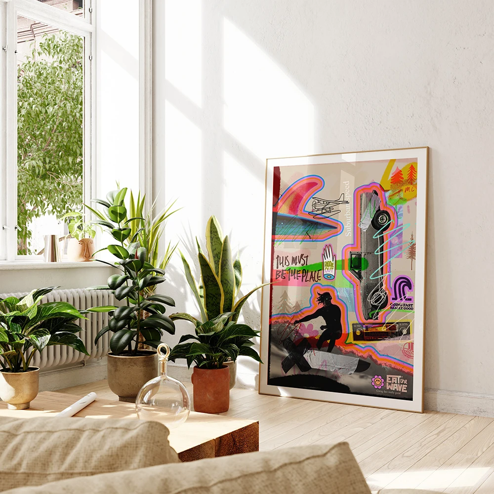 Trippy Collage Surfing Wall Art Canvas Painting Vintage Beach Abstract Poster Prints Surf Wagon Picture for Bed Room Decor