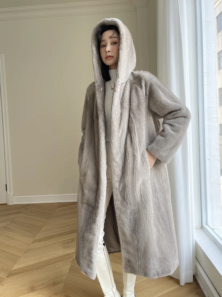 Fangtai 2023 New Winter Import Velvet Mink Fur Coat Women Hooded Hree Shipping Promotion Loss X-Long Natural Real Mink Fur Coats