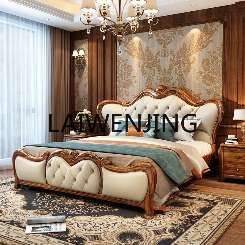 European style ebony leather bed modern new Chinese style first layer cowhide master bedroom bed