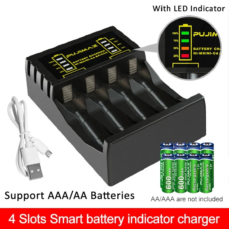 Battery Charger for AAA/AA Rechargeable 4 Slot Batter Charger With LED Indicator Charger Cable for AA/AAA Ni-MH/Ni-Cd Batteries