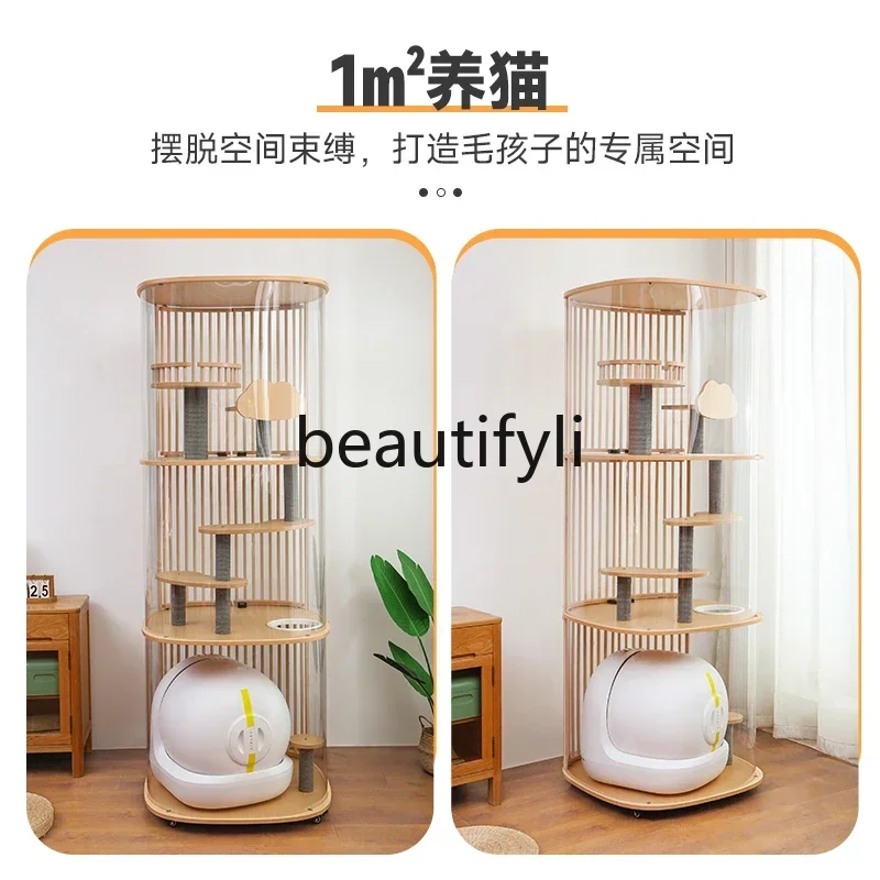 

D80 Luxury panoramic cat villa transparent display, square cat cabinet, living room balcony, solid wood home cat cage