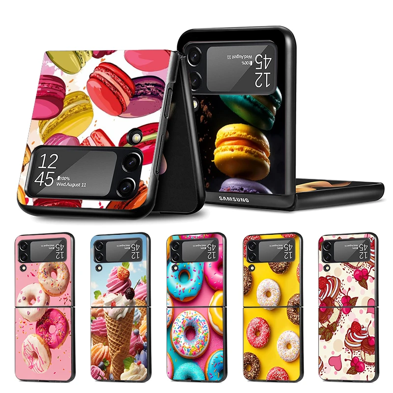 Macaron Ice Cream Cake Doughnut Z Flip 6 Phnoe Case For Samsung Z Flip 6 5 4 5G Black Hard Shell Galaxy ZFlip4 ZFlip5 ZFlip6 ZFl