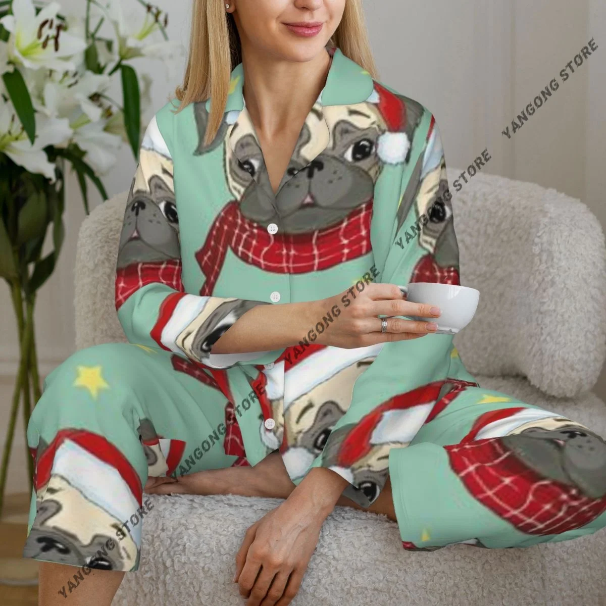 

Весенне-осенний пижамный комплект, женские брюки с длинными рукавами, комплект из двух предметов с забавными мультяшными мопсами и щенками, фон для домашнего интерьера