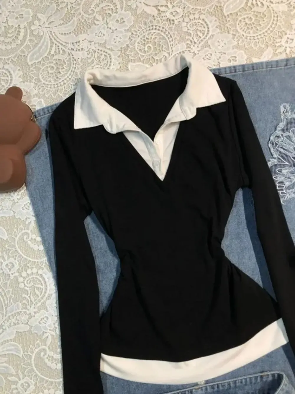 T-shirts Femme Effet Deux Pièces à Manches Longues, Col Rabattu, Mode Décontractée 2026 2
