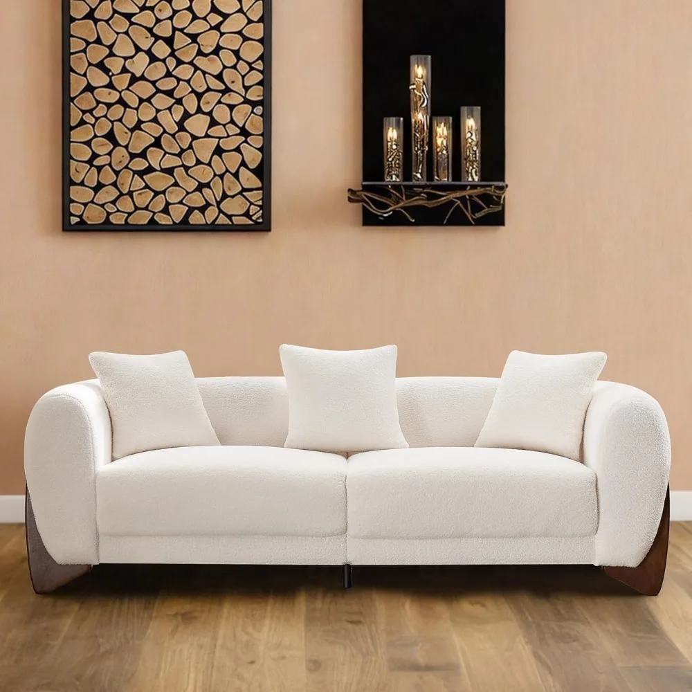 

87-дюймовый трехместный диван из овчины, бархатный, современный дизайн облака, ножки из массива дерева, 25-дюймовые очень глубокие сиденья