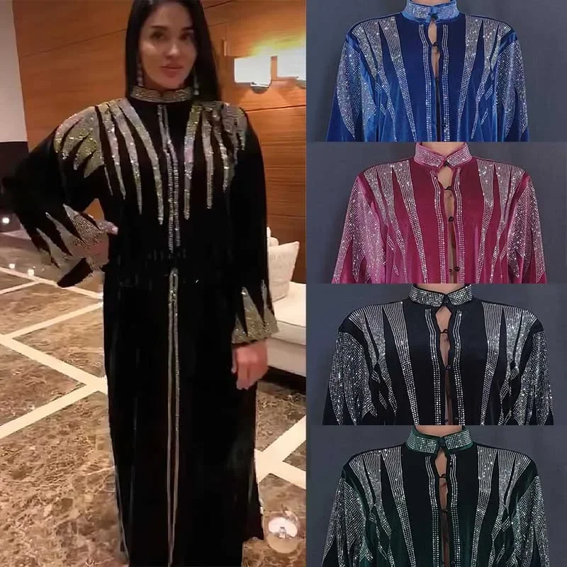 

Diamonds Velvet African Abaya Women Muslim Luxury Maxi Dress Dubai Kaftan Morocco Turkey Arab Islam Clothing Jalabiya Caftan Eid